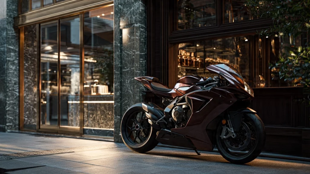 Luxuriöse Motorradbewertung mit Kunde und Berater in moderner Atmosphäre