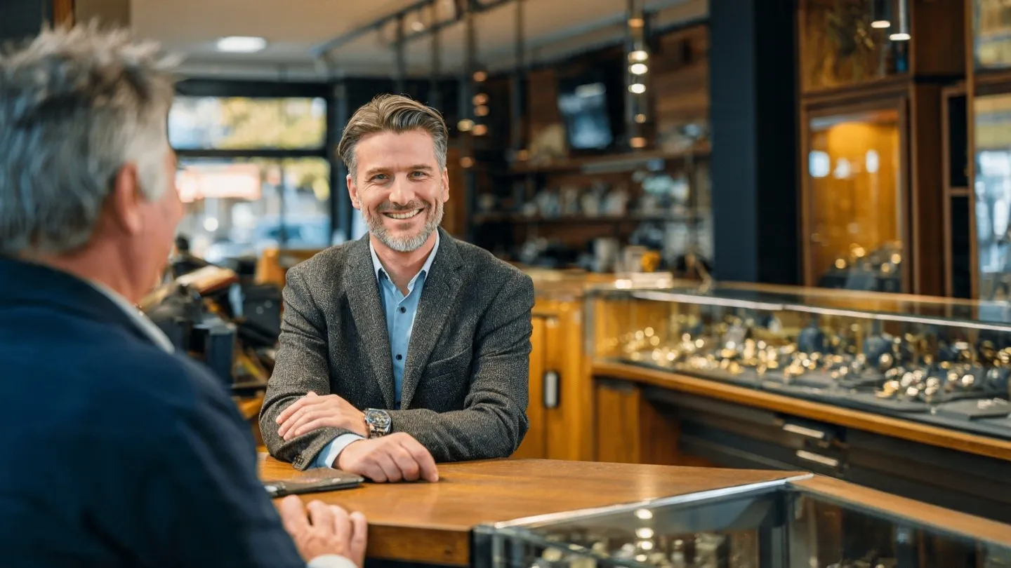 Kunde im Gespräch mit Berater im modernen Pfandleihhaus